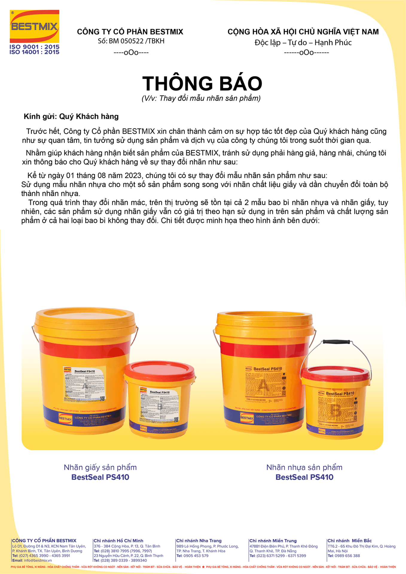 THÔNG BÁO: V/V THAY ĐỔI TEM/NHÃN SẢN PHẨM BESTMIX