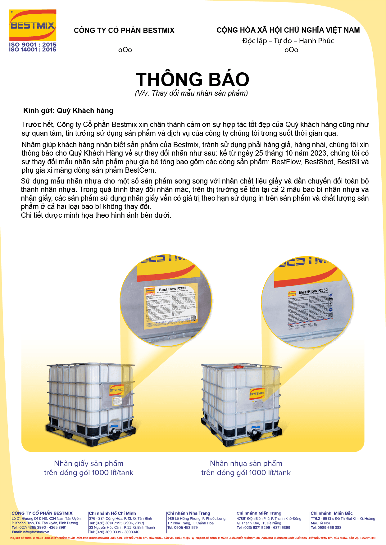 Thông báo: V/v thay đổi tem/nhãn sản phẩm Bestmix